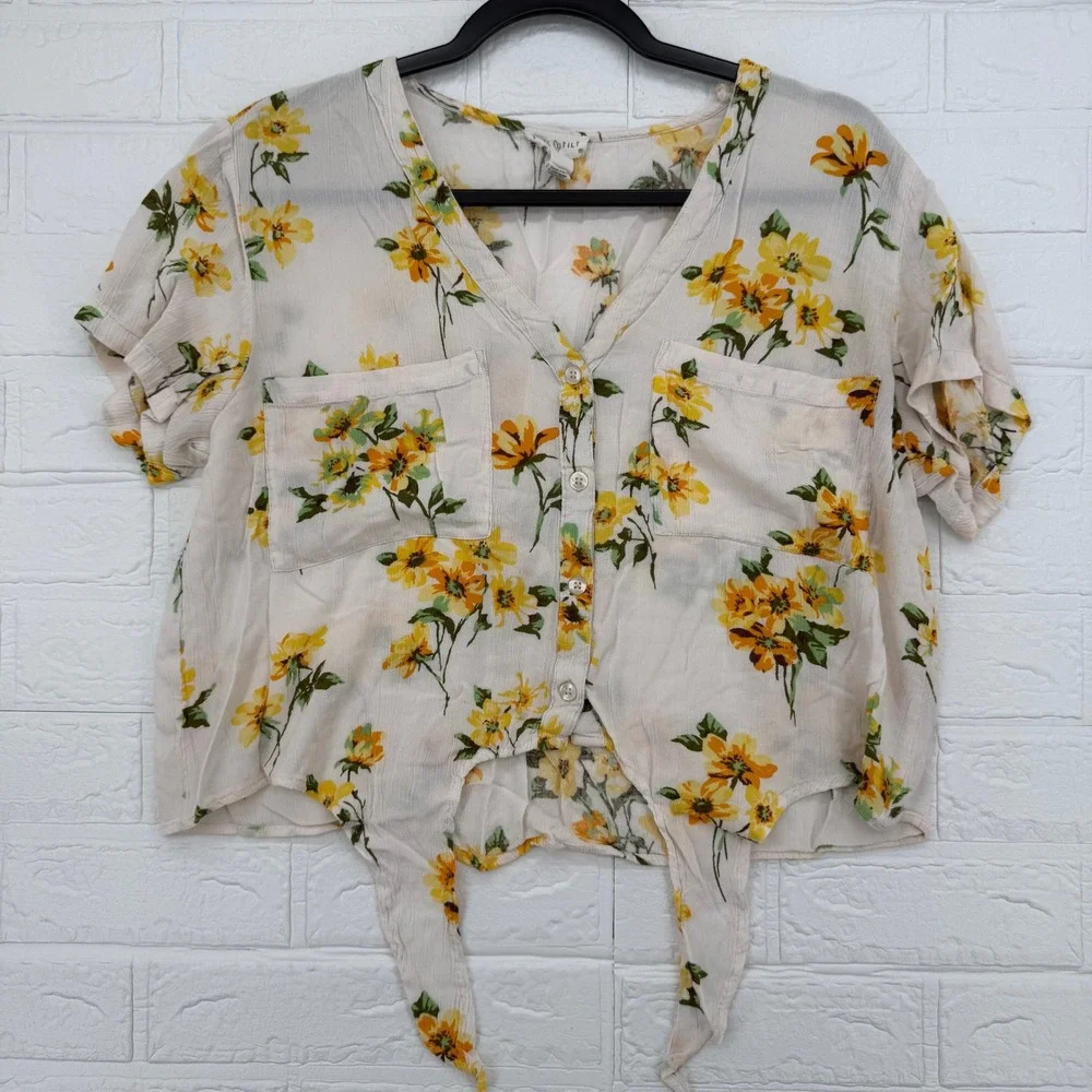 Full Tilt Floral Tie Front Top Womens Medium Yellow Cream Button Up Crop Shirt